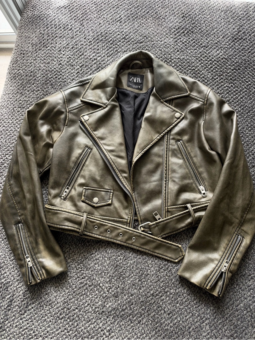 Zara Olive Faux Leather Biker Jacket with Belt